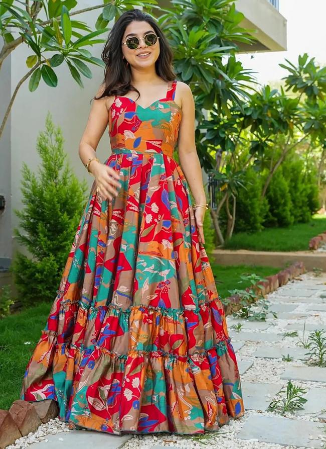 Heavy Rayon Multicolor Festival Wear Printed Readymade Gown